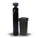 Water filtration system with a black cylindrical tank and rectangular container for plumbing solutions.