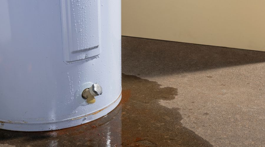Water heater with visible leakage and water pooling on the floor, indicating potential repair needs for plumbing issues.