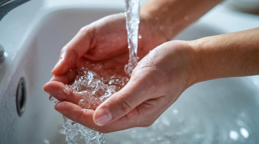 Hands cupping water from a faucet, illustrating the importance of clean water access and backflow prevention in plumbing.